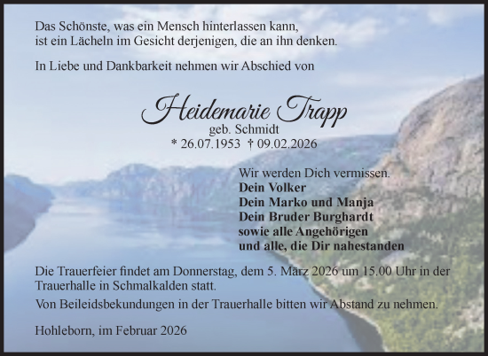 Traueranzeige von Heidemarie Trapp von Südthüringer Presse