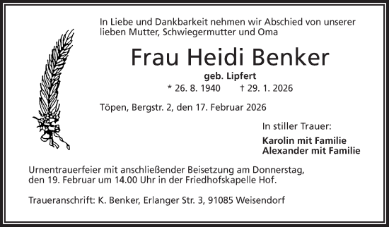 Traueranzeige von Heidi Benker von Frankenpost