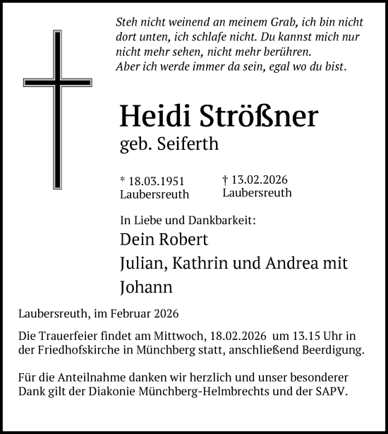 Traueranzeige von Heidi Strößner von Frankenpost