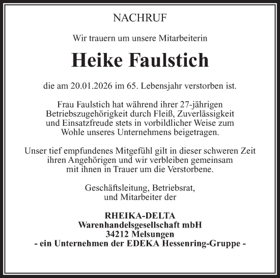 Traueranzeige von Heike Faulstich von Südthüringer Presse