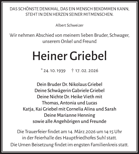 Traueranzeige von Heiner Griebel von Südthüringer Presse
