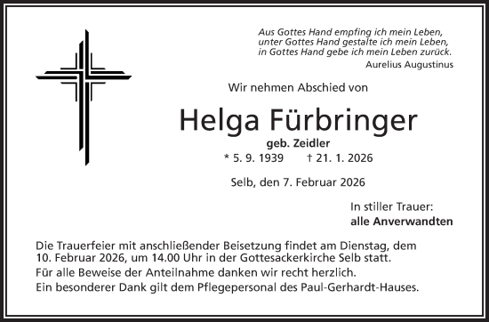Traueranzeige von Helga Fürbringer von Frankenpost