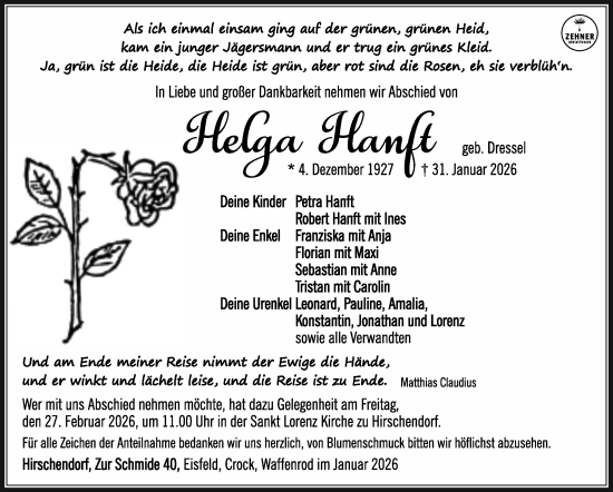 Traueranzeige von Helga Hanft von Südthüringer Presse