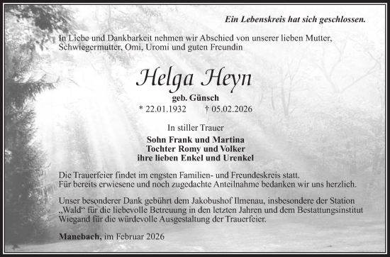 Traueranzeige von Helga Heyn von Südthüringer Presse