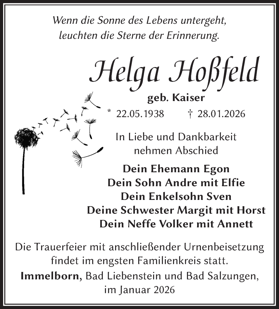  Traueranzeige für Helga Hoßfeld vom 07.02.2026 aus Südthüringer Presse