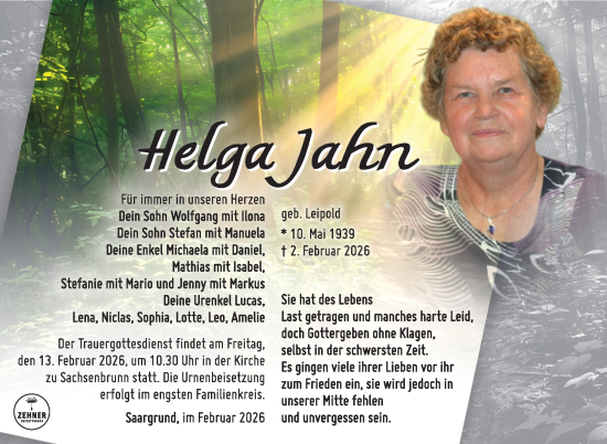 Traueranzeige von Helga Jahn von Südthüringer Presse