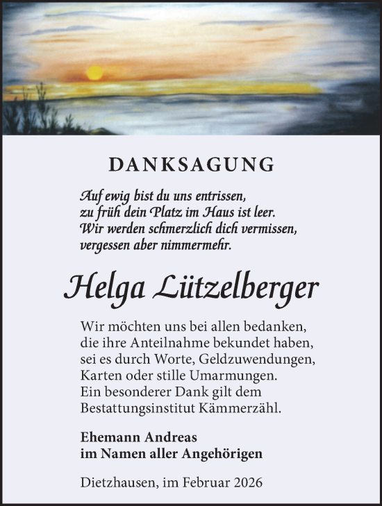 Traueranzeige von Helga Lützelberger von Südthüringer Presse