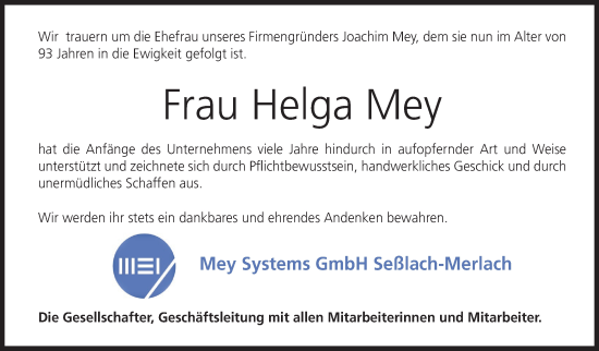 Traueranzeige von Helga Mey von Neue Presse Coburg
