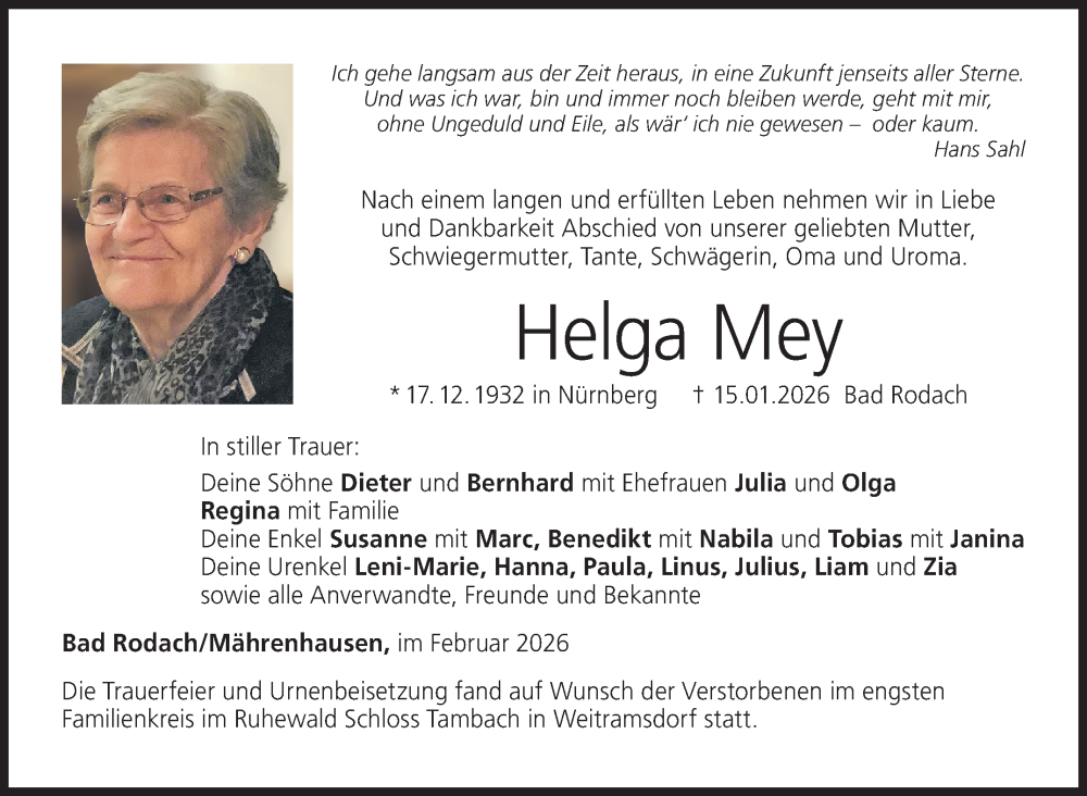  Traueranzeige für Helga Mey vom 07.02.2026 aus Neue Presse Coburg