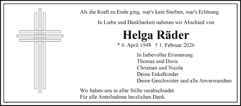  Traueranzeige für Helga Räder vom 28.02.2026 aus Frankenpost