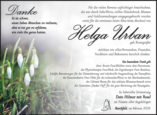 Traueranzeige von Helga Urban von Südthüringer Presse
