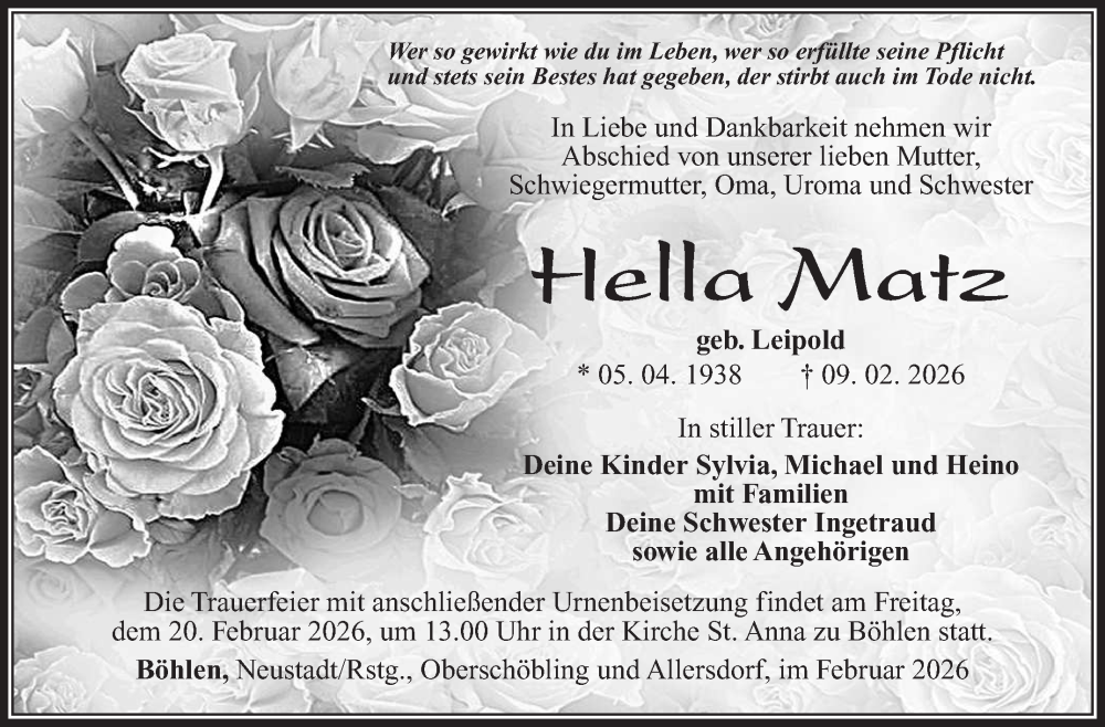  Traueranzeige für Hella Matz vom 14.02.2026 aus Südthüringer Presse