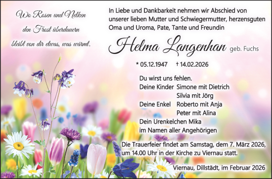 Traueranzeige von Helma Langenhan von Südthüringer Presse