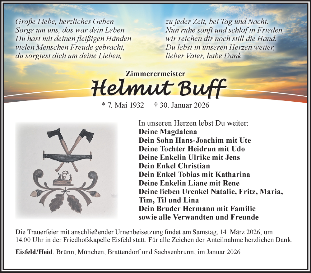  Traueranzeige für Helmut Buff vom 28.02.2026 aus Südthüringer Presse