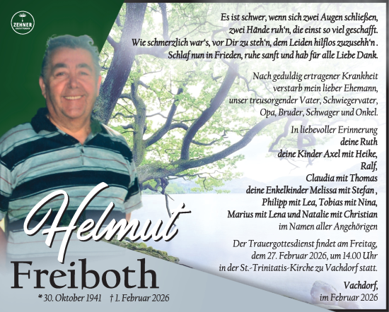 Traueranzeige von Helmut Freiboth von Südthüringer Presse