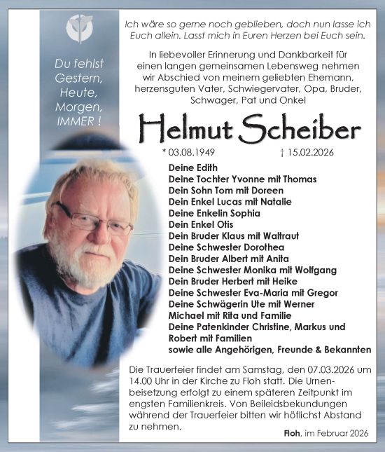 Traueranzeige von Helmut Scheiber von Südthüringer Presse