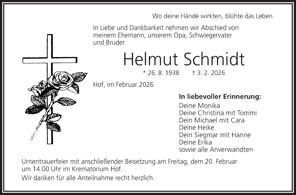  Traueranzeige für Helmut Schmidt vom 14.02.2026 aus Frankenpost