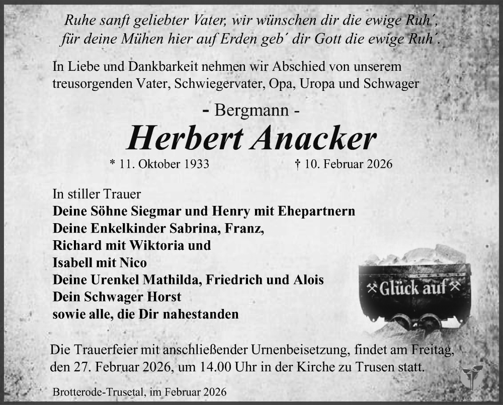  Traueranzeige für Herbert Anacker vom 21.02.2026 aus Südthüringer Presse
