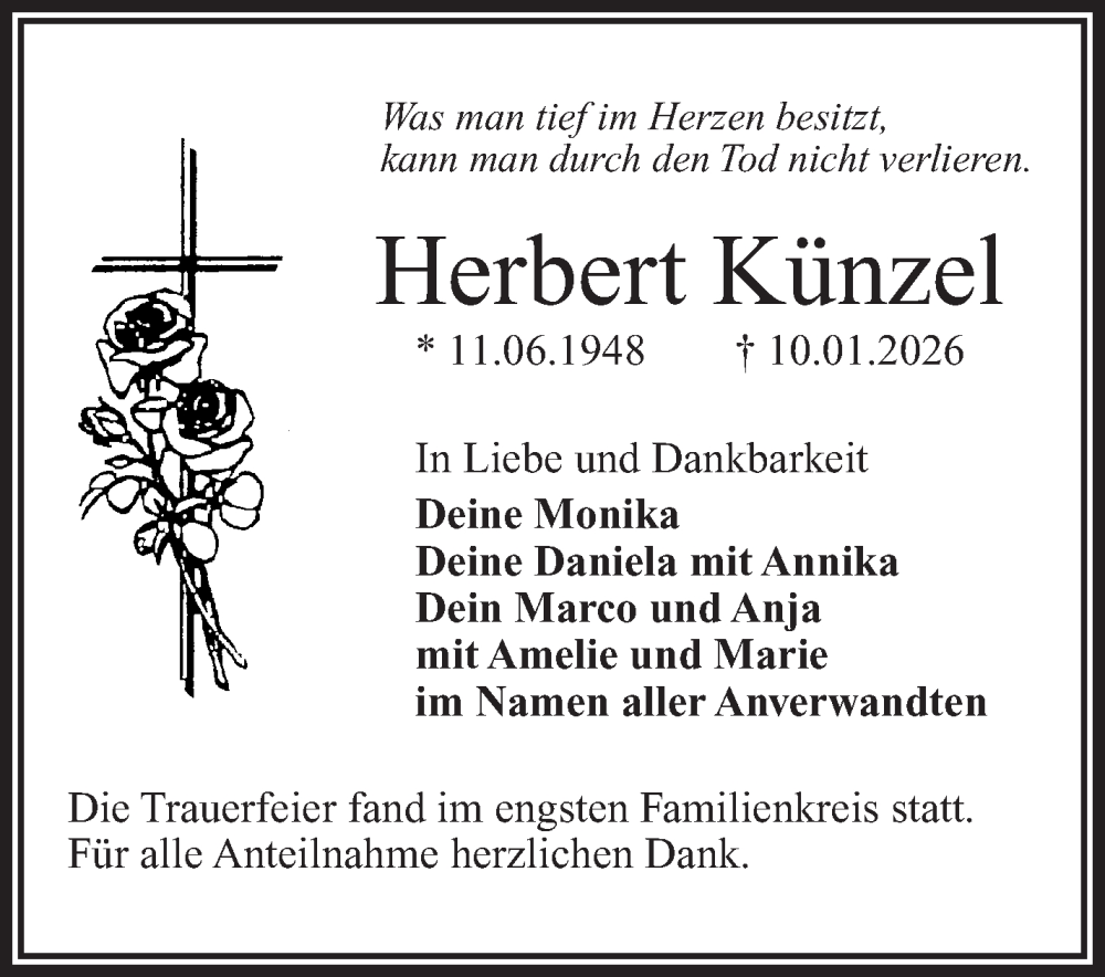  Traueranzeige für Herbert Künzel vom 07.02.2026 aus Frankenpost