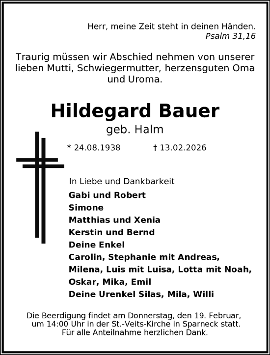 Traueranzeige von Hildegard Bauer von Frankenpost