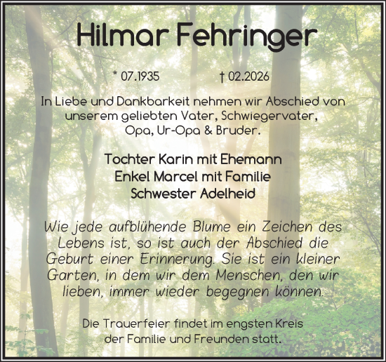 Traueranzeige von Hilmar Fehringer von Südthüringer Presse