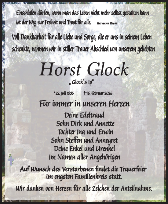 Traueranzeige von Horst Glock von Südthüringer Presse