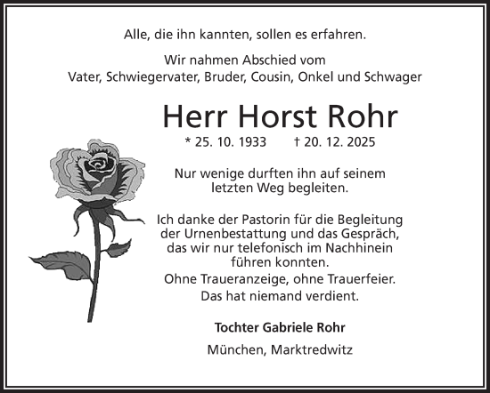 Traueranzeige von Horst Rohr von Frankenpost