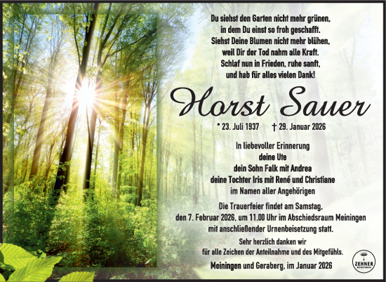 Traueranzeige von Horst Sauer von Südthüringer Presse