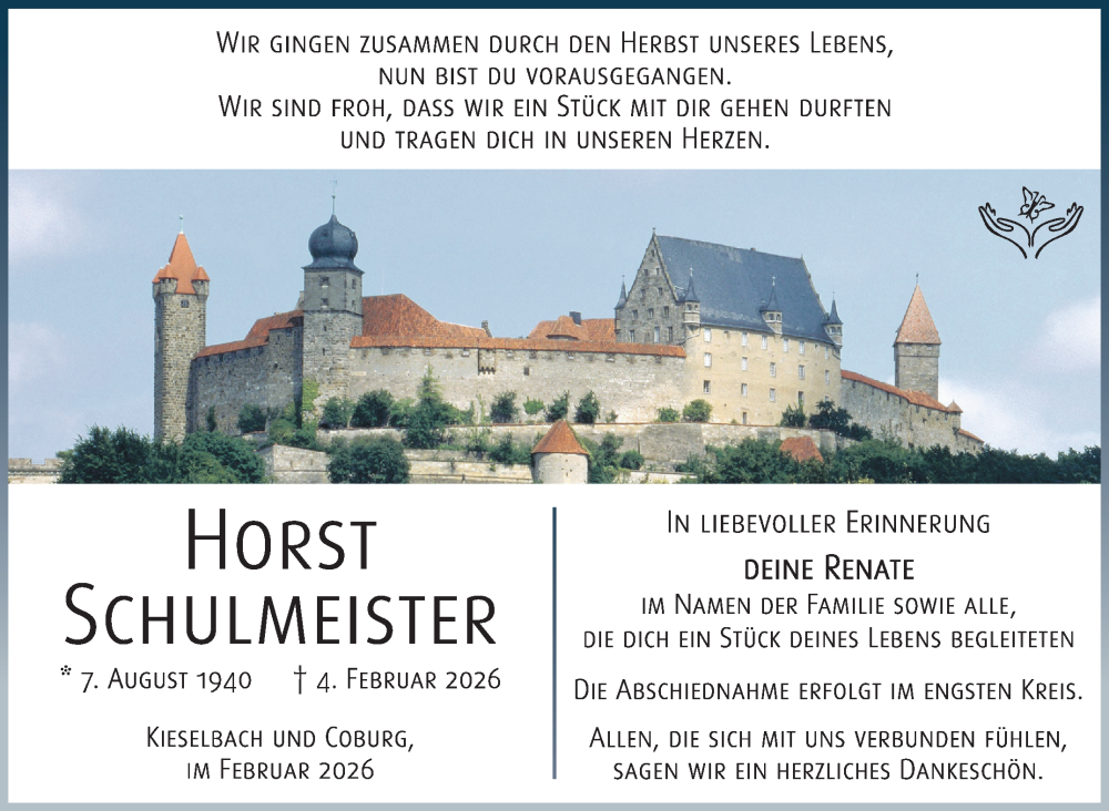  Traueranzeige für Horst Schulmeister vom 21.02.2026 aus Südthüringer Presse