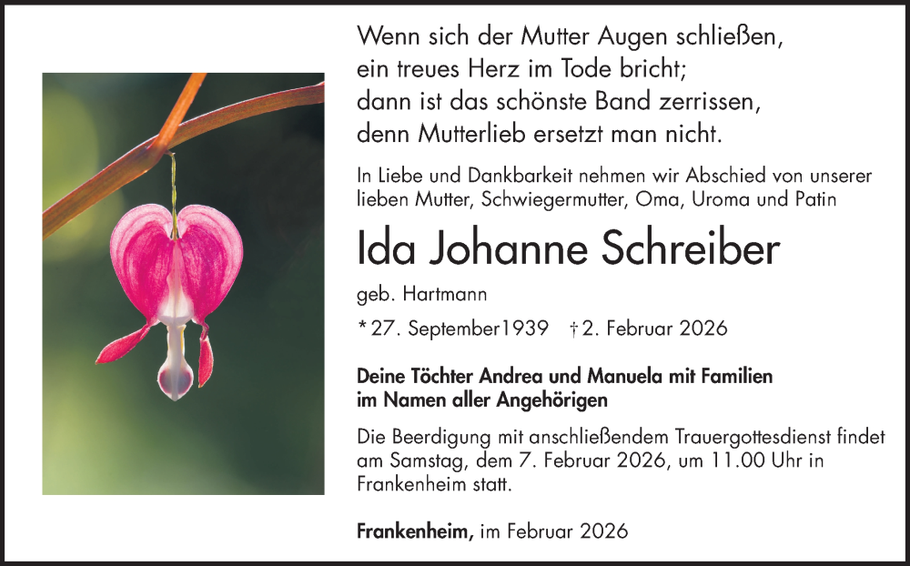 Traueranzeige für Ida Johanne Schreiber vom 05.02.2026 aus Südthüringer Presse
