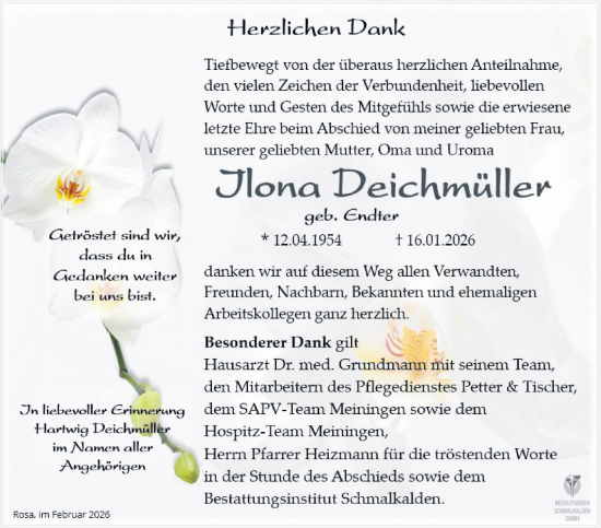 Traueranzeige von Ilona Deichmüller von Südthüringer Presse