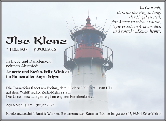 Traueranzeige von Ilse Klenz von Südthüringer Presse
