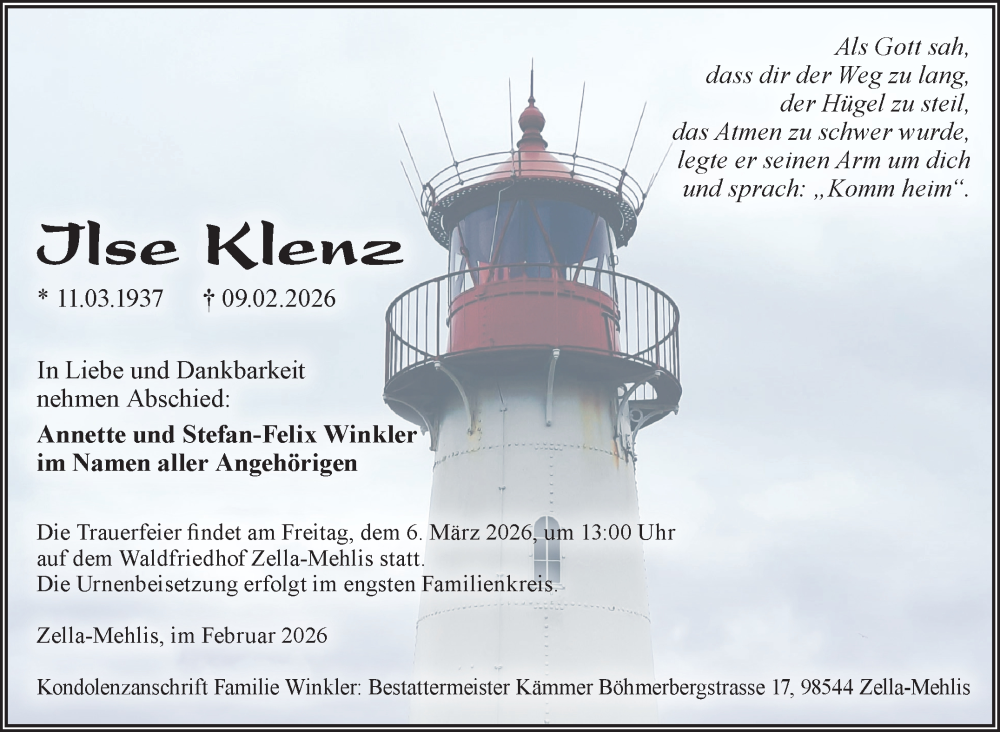  Traueranzeige für Ilse Klenz vom 28.02.2026 aus Südthüringer Presse