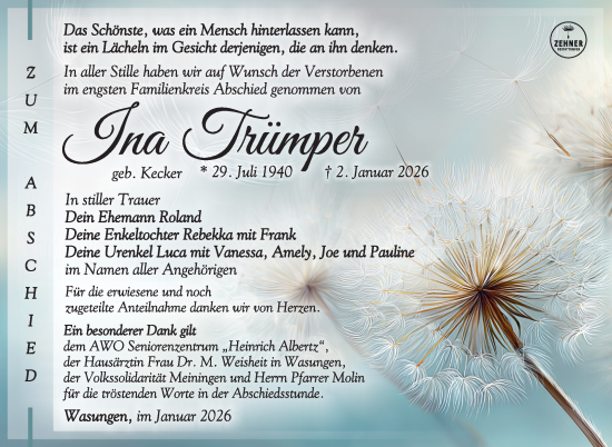 Traueranzeige von Ina Trümper von Südthüringer Presse