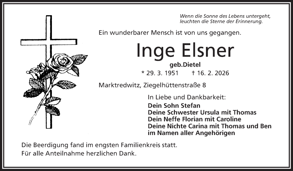  Traueranzeige für Inge Elsner vom 21.02.2026 aus Frankenpost