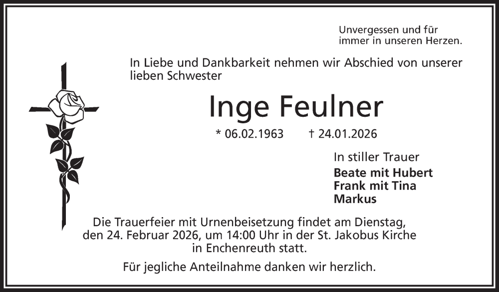  Traueranzeige für Inge Feulner vom 21.02.2026 aus Frankenpost