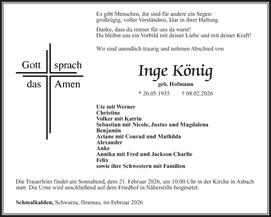 Traueranzeige von Inge König von Südthüringer Presse