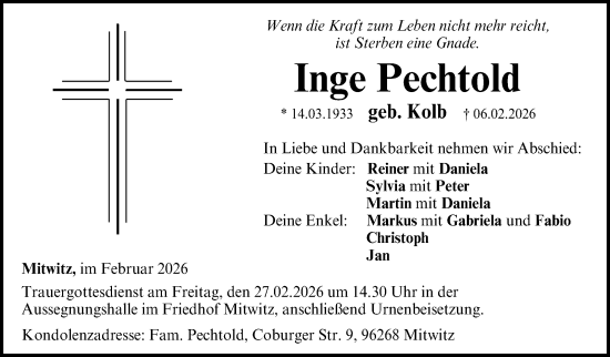 Traueranzeige von Inge Pechtold von Neue Presse Coburg