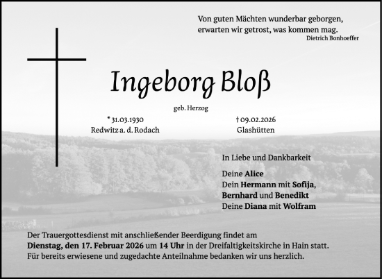 Traueranzeige von Ingeborg Bloß von Neue Presse Coburg