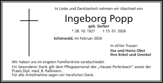 Traueranzeige von Ingeborg Popp von Frankenpost