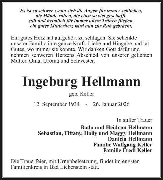 Traueranzeige von Ingeburg Hellmann von Südthüringer Presse