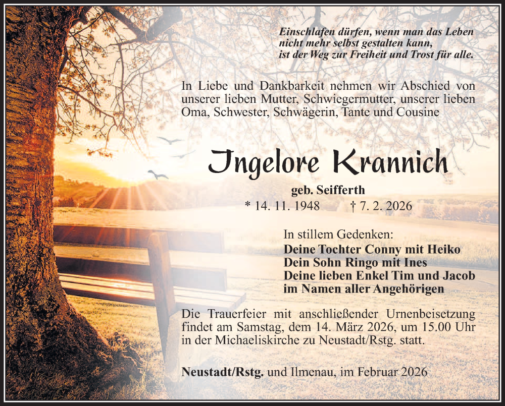 Traueranzeige für Ingelore Krannich vom 21.02.2026 aus Südthüringer Presse