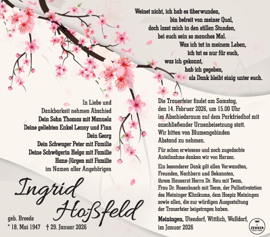 Traueranzeige von Ingrid Hoßfeld von Südthüringer Presse