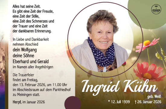 Traueranzeige von Ingrid Kühn von Südthüringer Presse
