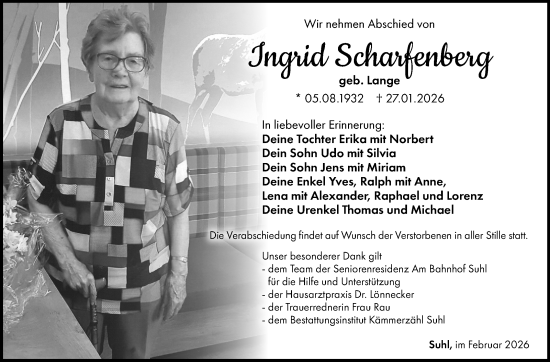Traueranzeige von Ingrid Scharfenberg von Südthüringer Presse