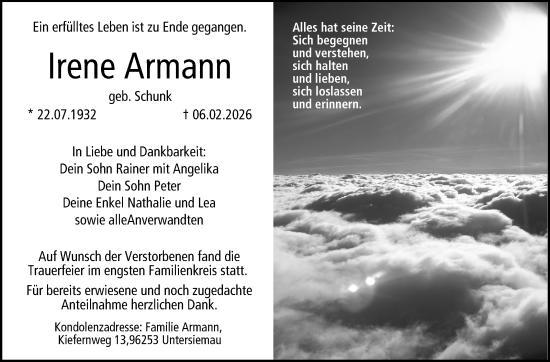 Traueranzeige von Irene Armann von Neue Presse Coburg