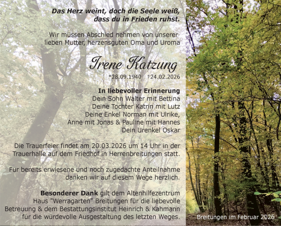 Traueranzeige von Irene Katzung von Südthüringer Presse