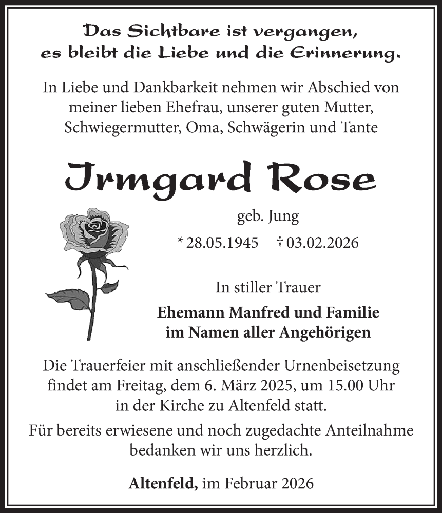  Traueranzeige für Irmgard Rose vom 21.02.2026 aus Südthüringer Presse