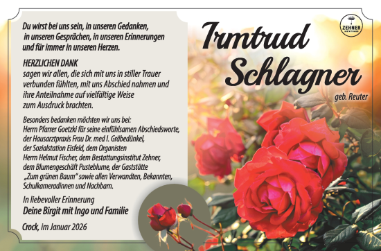 Traueranzeige von Irmtrud Schlagner von Südthüringer Presse