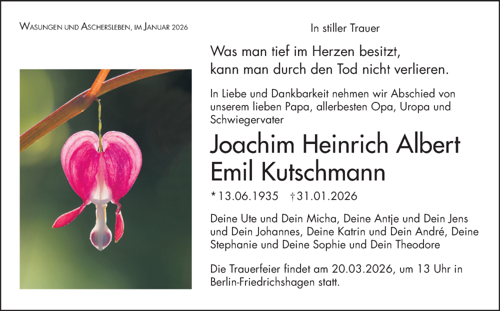  Traueranzeige für Joachim Heinrich Albert Emil Kutschmann vom 14.02.2026 aus Südthüringer Presse